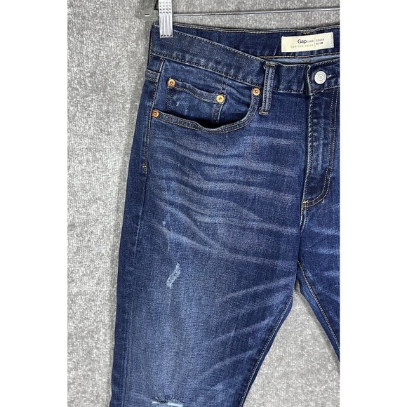 Gap Slim Straight Leg Distressed Jeans Mens Size 32x32 Stretch Blue Denim - Picture 7 of 16